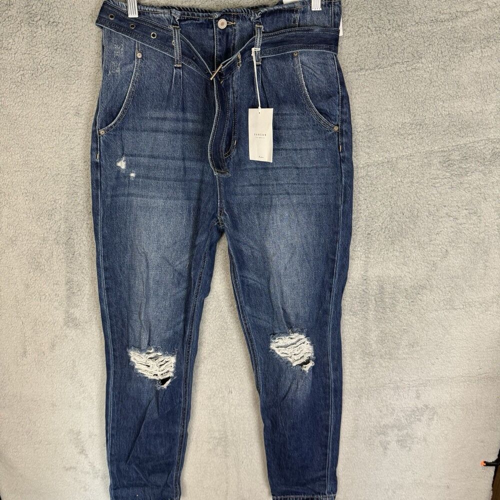 KanCan Hi Rise Belted Paperbag Mom Jeans Womens‎ 27 Blue Distressed Denim NWT